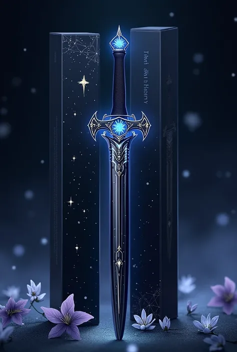 Crie um lighstick preto, with a sword-like design and some star details, constellations and flowers, for a k-pop group called "TWILIGHT", preferably with his box next to it