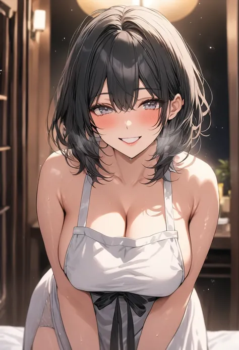 ((Highest quality)), ((masterpiece)), (detailed), (One girl and one guy), Sexy, height１６８Busty housewife with a 100cm bust, Mature Woman, Black short hair, Mature Woman, A mother with watery eyes, Naked Apron, Smile