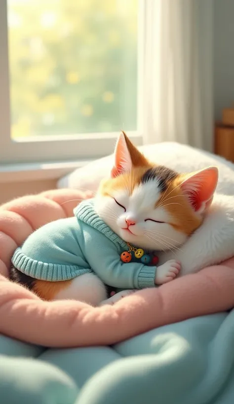 The afternoon came, a small cat with soft and silky fur, mostly white with orange and black patches. This kitten has small eyes that feel heavy, and small ears that are pointed and raised alertly. This kitten is wearing a cozy little sweater in soft pastel...