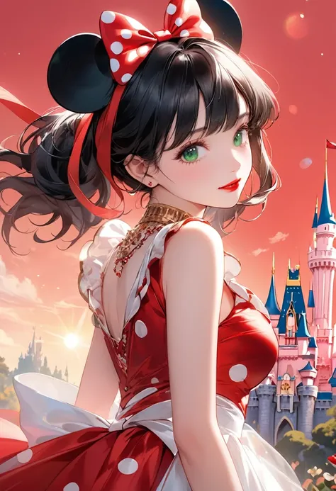 (Red Theme Art),(Highest quality),(masterpiece),(1. Minnie Mouse),(alone),Delicately painted face,Girl with a beautiful face,Beautifully detailed, Clear green eyes,(Beautiful red and white tulle dress),Disneyland,Beautiful Skin,Beautifully detailed Egyptia...