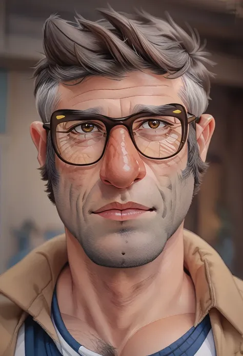 fordpines, 1boy, solo, male focus, mature male, old man, short hair, grey hair, brown eyes, thick eyebrows, glasses, black-frame...