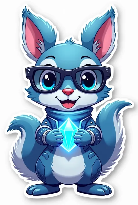 A head-to-body ratio of 1:1 cute little squirrel , big head，Small body，The tail is big and round，Frontal angle，Wear tech-savvy clothes，Wearing cool tech glasses，Holding energy crystal in hand，Color matching Use colors that represent a sense of technology，S...