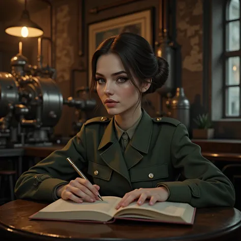 a female officer reading a book at a table in a diesel punk style coffee shop in germany during world war ii, detailed facial features, beautiful eyes, detailed lips, beautiful long eyelashes, elegant hairstyle, military uniform, detailed textures, intrica...