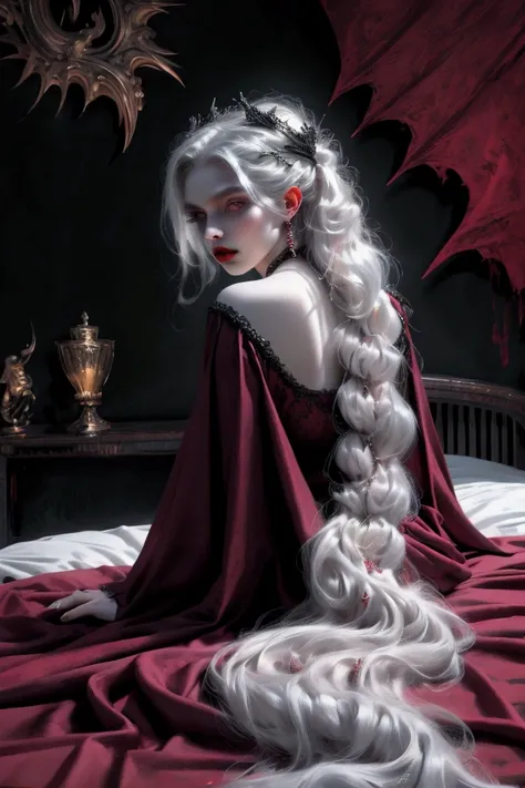 (beautiful vampire woman, pale skin, very long white hair, red eyes, black gown, black victorian dress, piercing look, red lipstick, laying on the bed, backwards, looking back, 4k, 8k, highres, masterpiece:1.2, ultra-detailed, realistic, photorealistic:1.3...