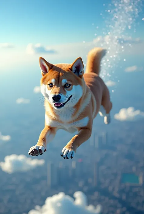 masterpiece、high resolution、High definition、Highest quality、8k,Real、Professional photographer、A Shiba Inu skydiving from an altitude of 10,000 meters in Tokyo,A carpet of stardust has been created in the Shiba Inu&#39;s wake,Clear skies,View from above,