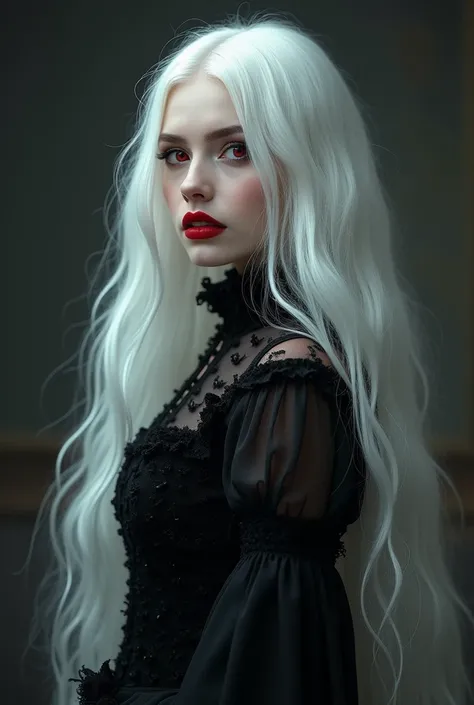 (beautiful vampire woman, pale skin, very long white hair, red eyes, black gown, black victorian dress, piercing look, red lipstick, looking back, 4k, 8k, highres, masterpiece:1.2, ultra-detailed, realistic, photorealistic:1.37, HDR, UHD, studio lighting, ...