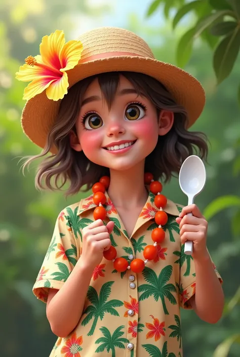 Smiling child。
Palm tree patterned aloha shirt and hat。Hibiscus on a hat。Wearing a lei around her neck。Holding a transparent spoon。