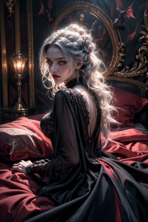 (beautiful vampire woman, pale skin, very long white hair, (red eyes), black gown, black victorian dress, piercing look, red lip...