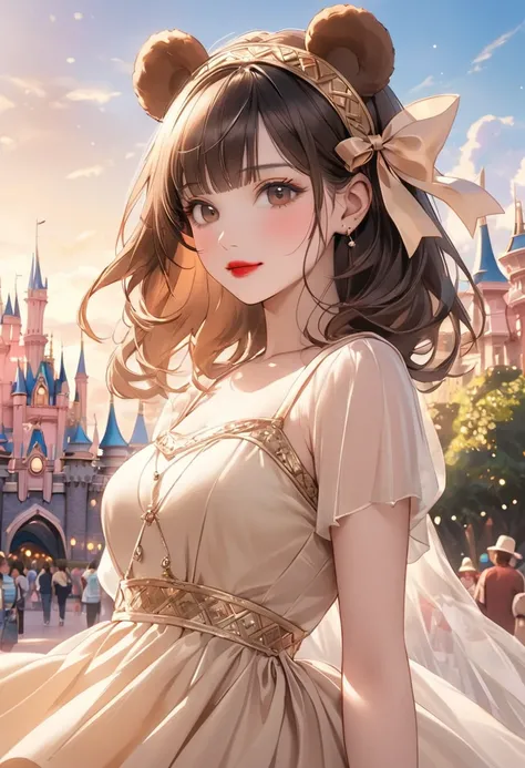 (Disney Seaのテーマ Art),(Highest quality),(masterpiece),(1. ShellieMae),(alone),Delicately painted face,Girl with a beautiful face,Beautifully detailed, Clear brown eyes,(Beautiful beige tulle dress),Disneyland,Beautiful Skin,Beautifully detailed Egyptian cos...