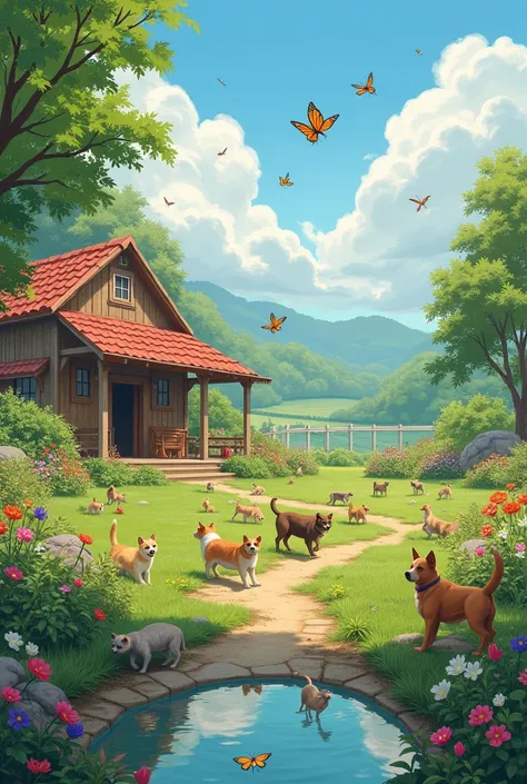 Cat farm, pond, flowers, butterflies, dogs 