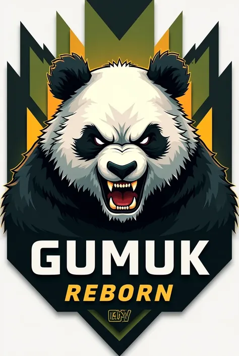 3D logo depicting an angry panda, with the words "Gumuk Reborn". Black, Green, Yellow, White color combination. With additional geometric elements