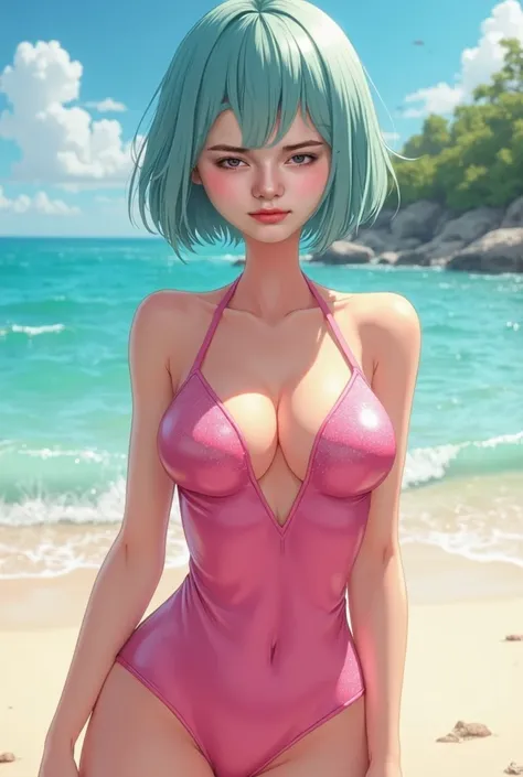 masterpiece, Best Quality, anatomically correct, 1girl, (shiny pink slingshot swimsuit:1.2), smile, blush, bob cut, (aqua hair:1.2), beach,