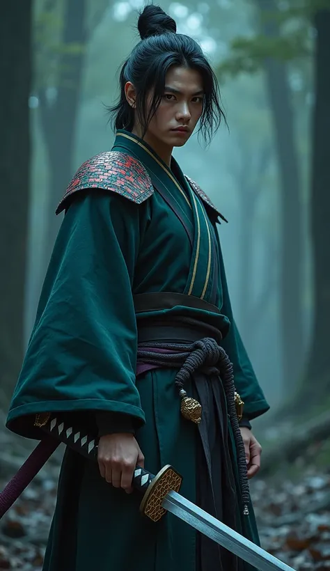 "giyu tomioka, the Water Hashira of the Demon Slayer Corps, is depicted in a hyper-realistic, live-action style. He stands tall, his serious and stoic expression framed by dark, slightly tousled hair that falls just above his shoulders. His striking eyes, ...