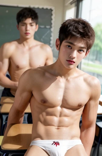 (masterpiece, best quality), young boys, cute boys,handsome ,wear white thong, in classroom.