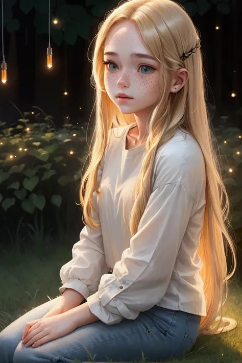 A 18y girl, looking up and watching fireflies, impressed, sitting on the grass, very long golden hair, light freckles, long-sleeved white shirt and jeans, realistic