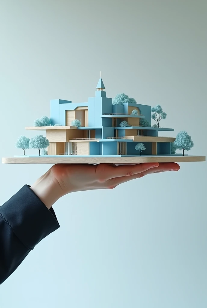 an arm holding an architectural model, that the model is more in blue and beige scale