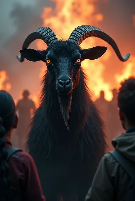 Create a realistic image with a goat in black with orange eyes and people surrounding it in admiration. The background should have fire and clouds., The goat will only be seen from the bust and as if it were touching people