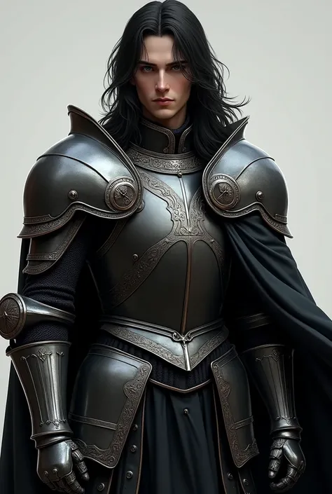 Elite knight wit black and silver armor, no helmet, long black hair, young man, 27 Y.O, full body, High Resolution, 