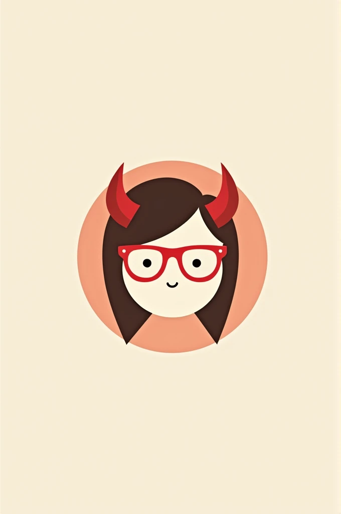 Minimalist animated logo design of a circular face with brown hair and red horned glasses 