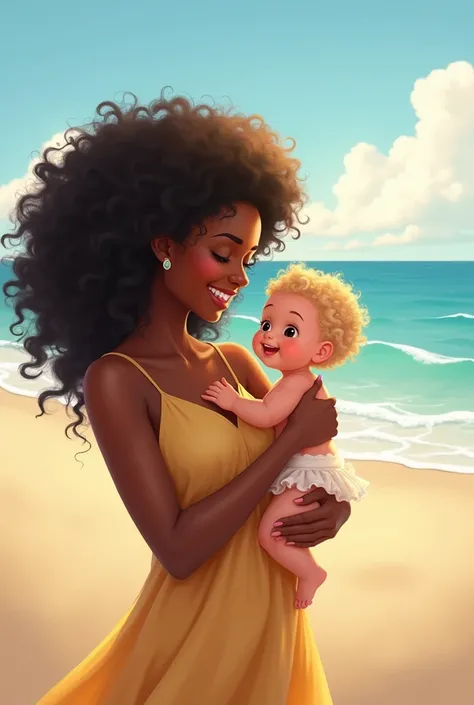 BLACK WOMAN WITH CURLY HAIR HOLDING A BABY WITH BLONDE HAIR AND WHITE SKIN AND LIGHT BROWN EYES, SMILING BOTH OF THEM, em uma praia
