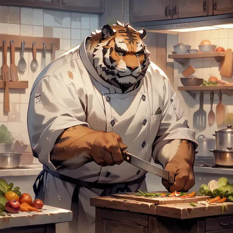 ((whole body)), (chef), ((plump middle-aged tiger man)), standing, chopping vegetables, (brown eyes), beautiful beard, (male fac...