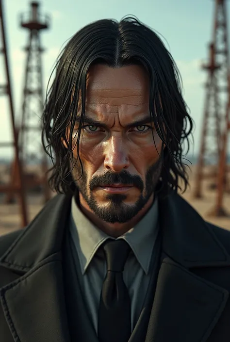 John Wick full face portrait in the middle of oil wells