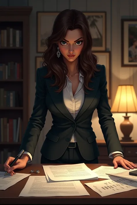 A female detective checking papers in a house 


