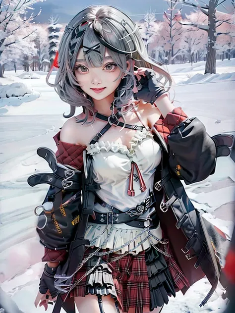 One girl、solo、Red eyes、Sakamata Chloe、Garter Strap、Black fingerless gloves、Torn knee socks、Grey Hair、hair ornaments、Multicolored Hair、Checkered Skirt、Striped Hair、Cleavage、x 字のhair ornaments、Black Hair、Red Skirt、Black collar、White camisole、Large Breasts、mi...