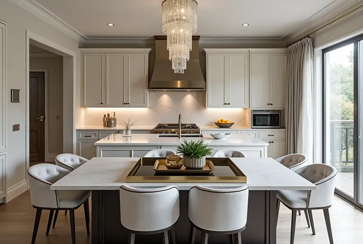 beautiful modern timeless kitchen with kitchen island 1. Crystal Lighting: Incorporate a crystal chandelier or pendant lights above the kitchen island to reflect the luxurious lighting in the living room. 2. Neutral Color Palette: Use soft greys, creams, a...