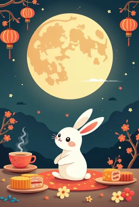 Chinese Mid-Autumn Festival，moon，moon cake，Tea，rabbit，flat design，Flat design, flat design