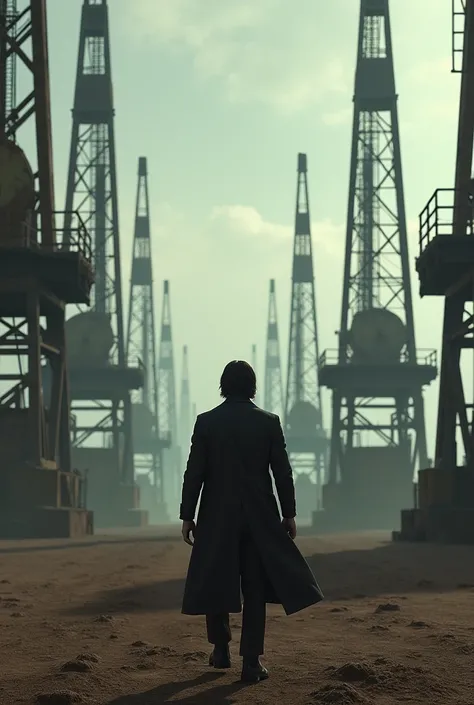 John Wick facing the middle of oil wells