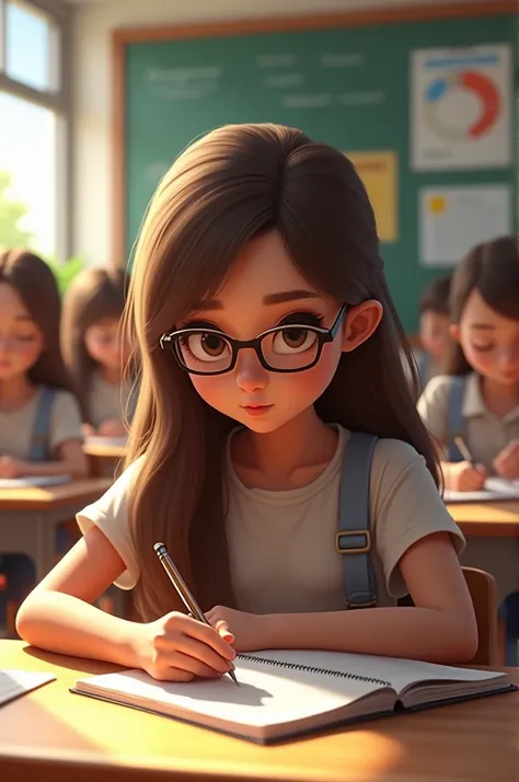 Girl with glasses writing in class