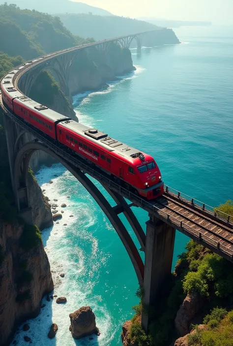 A indian train, very longest, with red color in highest sea bridges 