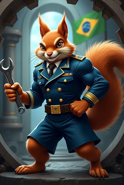 (masterpiece, high quality image), (angry muscular squirrel), (wearing navy blue Brazilian naval military uniform), (white naval military cap), (male squirrel head), (angry male squirrel face), (squirrel arm), (military medals on chest), (sergeant military...