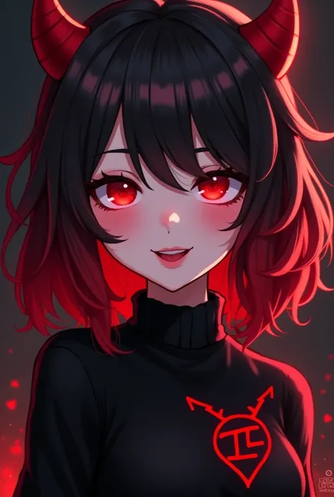 generate a chivi-style bottomless twitch emote that has black hair mixed with red that has red eyes and a heart-shaped pupil and that has a face like a lover and a very bright smile with thin eyebrows and that has black devil chunks, a black sweater with a...