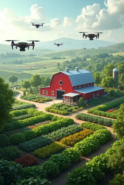 The dairy farm of the future has vegetable and fruit gardens around it, and drones are used to water it.