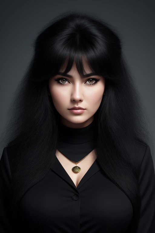 jet black hair,midium long hair,most very lion-like hair,most very wolf-like hair,most very frizzy hair,coarse hair,spread hairstyle,thick hair,fluffy hair,most very heavy weight hair,most very voluminous hair,shiny jet black hair,female jail officer,black...