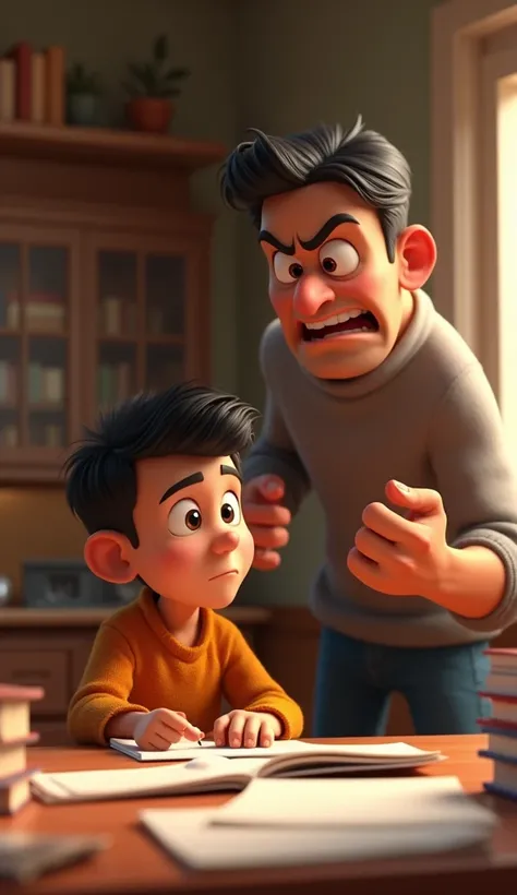 A ten year old boy is studying and his father is talking to him angrily, Disney Pixar style 