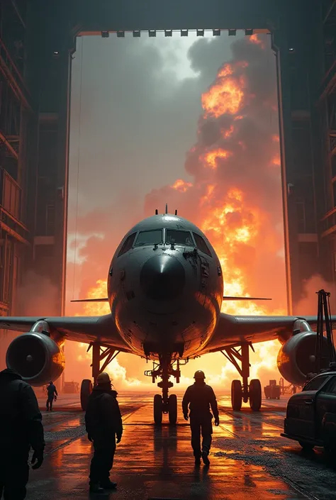 
Image of a plane that was saved from a fire and is entering a hangar. Inside the hangar there are mechanics ready to repair the plane.. A huge explosion can be seen behind the plane.. 