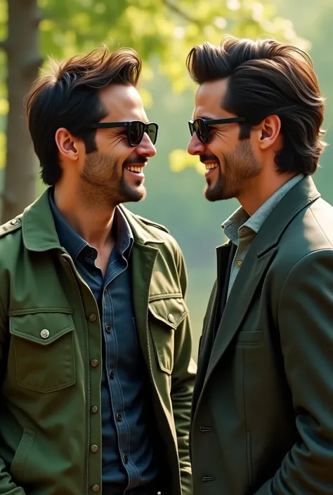 make a 2 guy who looks like jake gyllenhaal talking and smiling with another 1 guy who is wearing a green jacket, side-swept hair and dark aviator sunglasses