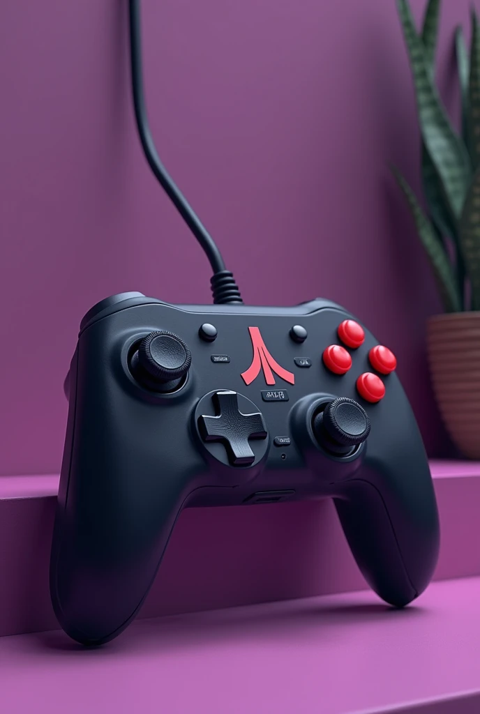 Retro Atari CX40+ controle de video game: Classic black design with vibrant red button, with the iconic Atari logo. Perfect for nostalgic gaming in modern settings. object in predominantly purple and gray colors, cartoon style