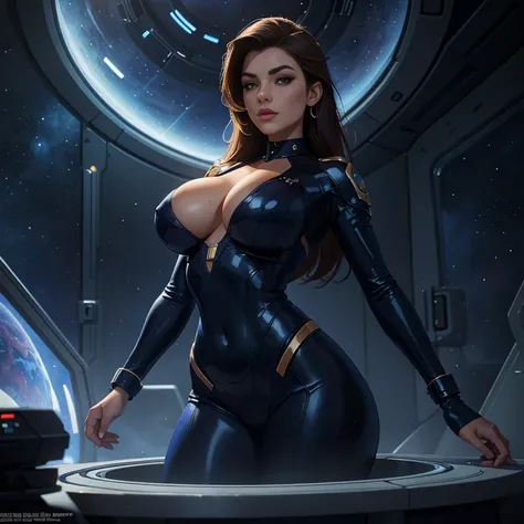 Masterpiece, art, young beautiful woman, flawless skin, textured skin, busty, very large firm breasts, perfect proportions, space soldier, laser weapon, in a spaceship, deep space with Saturn and stars in large windows, blue glowing ferns, dark, gloomy, bi...