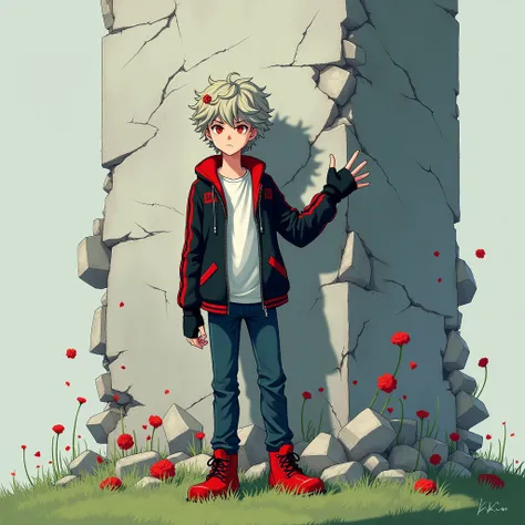 ((Hair: Grayish blond, Short curly styled)), ((Appearance: Fair-Skinned boy, around 160cms height, lean, little muscular)), ((Eyes: Bright scarlet-red)), ((Clothes: Black jacket with red stripes, on top of a white shirt)), ((Under clothes: Blue black jeans...