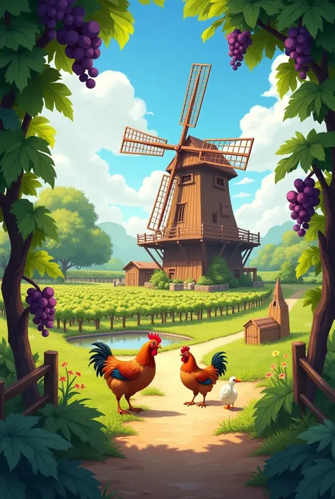 Farm grapes windmill chicken duck