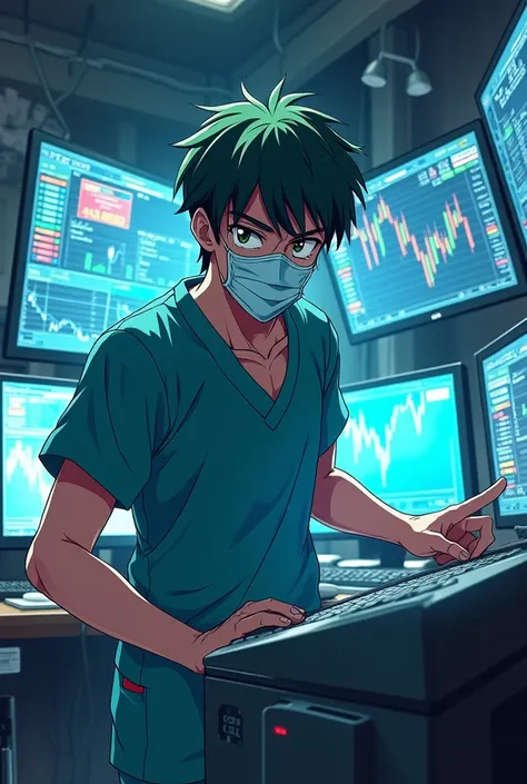 Picture a male anime character dressed as a surgeon, complete with a mask and scrubs, but with a wild, intense look in her eyes. She’s in a high-tech trading office surrounded by multiple monitors displaying chaotic financial charts and data. Her posture i...