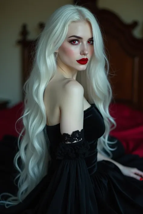 (beautiful vampire woman, pale skin, very long white hair, red eyes, black gown, black victorian dress, piercing look, red lipstick, laying on the bed, backwards, looking back, 4k, 8k, highres, masterpiece:1.2, ultra-detailed, realistic, photorealistic:1.3...