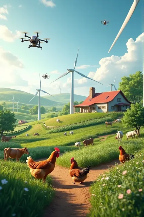 Chicken farms, vegetable gardens, drones, wind turbines, cows