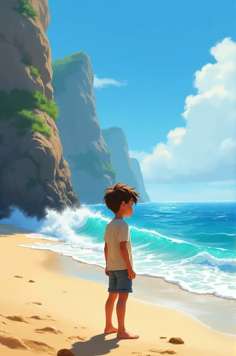 A boy standing on the beach