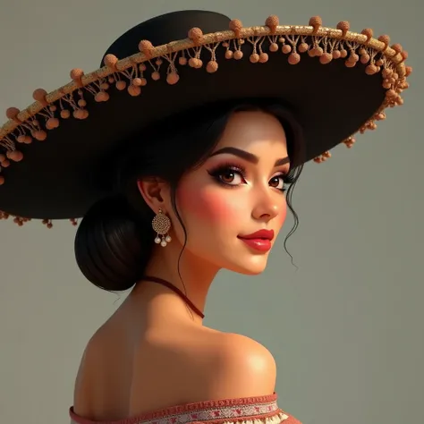 side portrait of glamour nice  cute mexican woman with charro hat