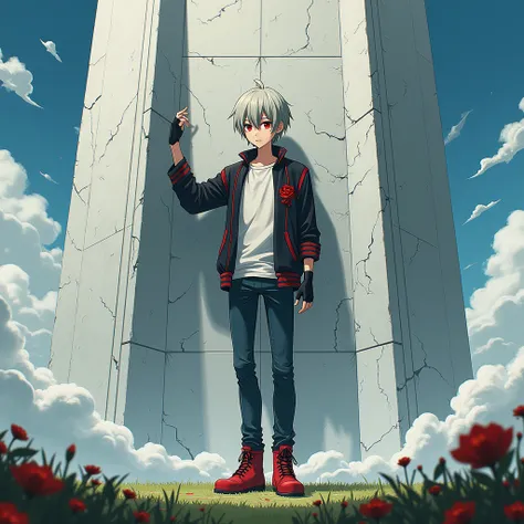 ((Hair: Grayish blond, Short curly styled)), ((Appearance: Fair-Skinned boy, around 160cms height, lean, little muscular)), ((Eyes: Bright scarlet-red)), ((Clothes: Black jacket with red stripes, on top of a white shirt)), ((Under clothes: Blue black jeans...